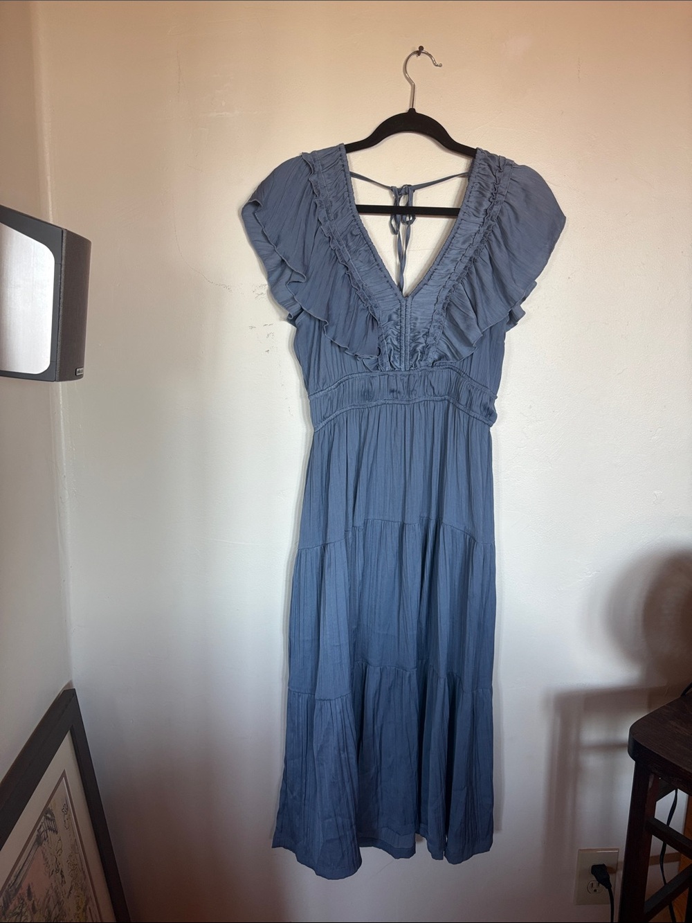 Tahari Dusty Blue Ruffle V-Neck Maxi Dress
